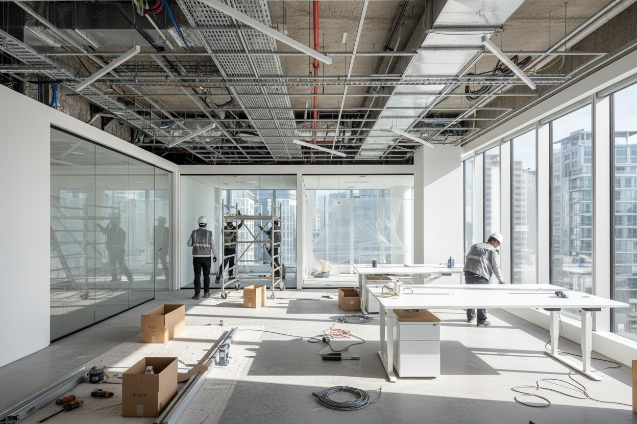 一个互联网科技公司的办公室，正在进行装修的现场