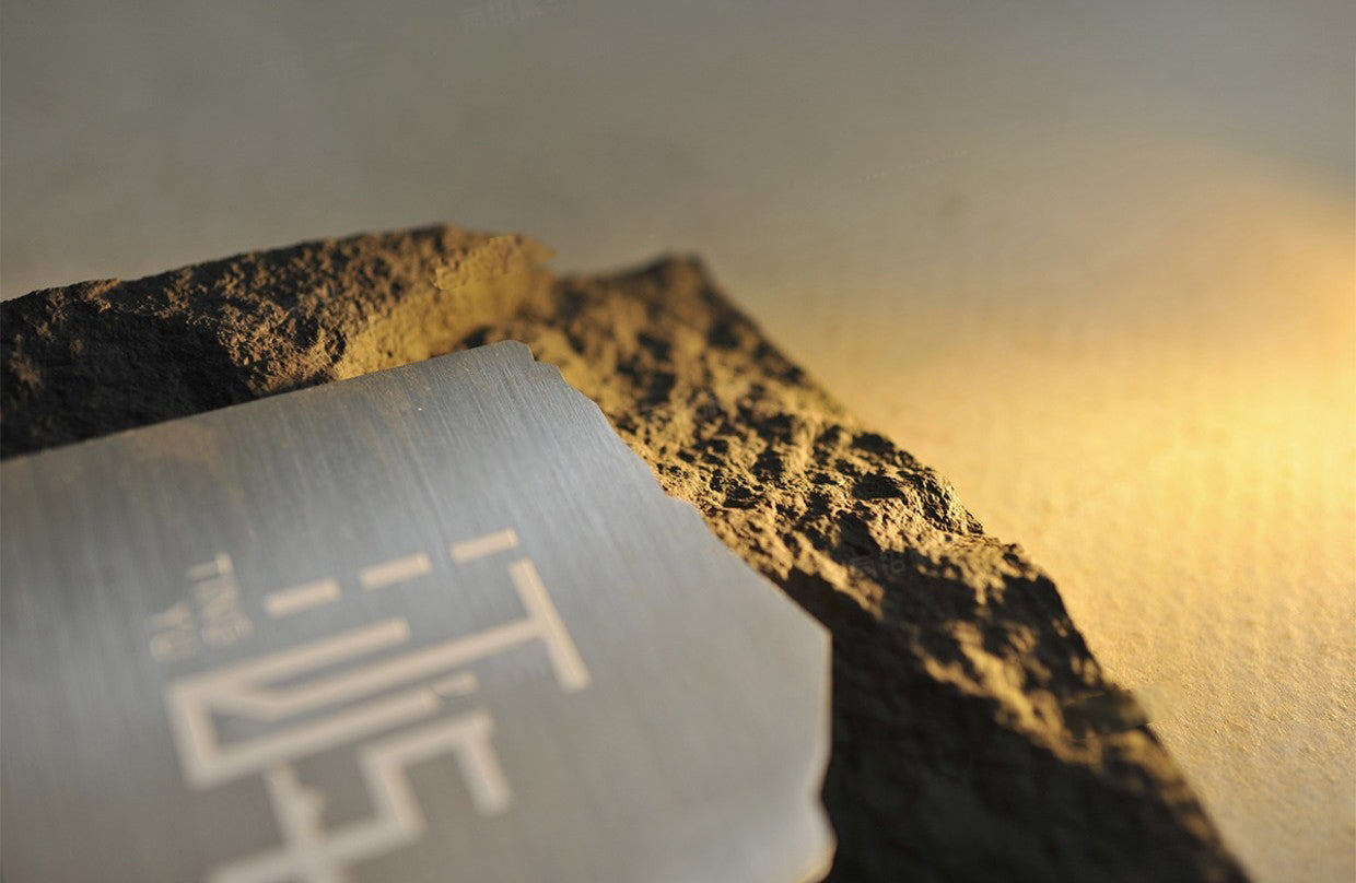 Close-up detail of Brushed Stainless Steel letters embedded in rough stone