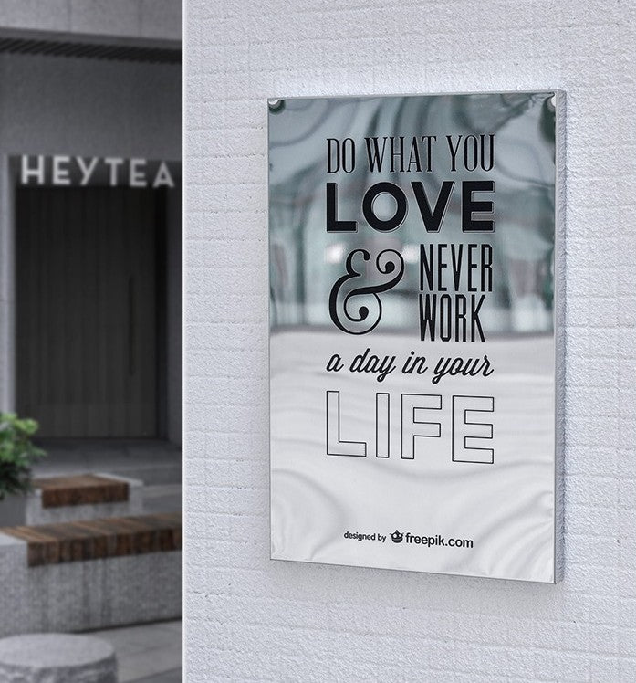 Large format mirror stainless steel wall art with UV printed motivational quote, ideal for modern office or cafe interior decoration