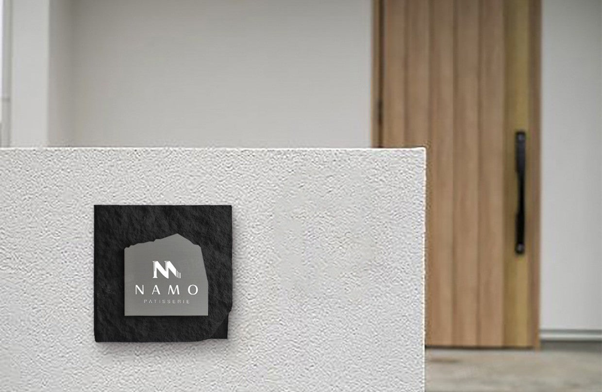 Modern Faux Stone Entrance Sign with Brushed Stainless Steel Inlay