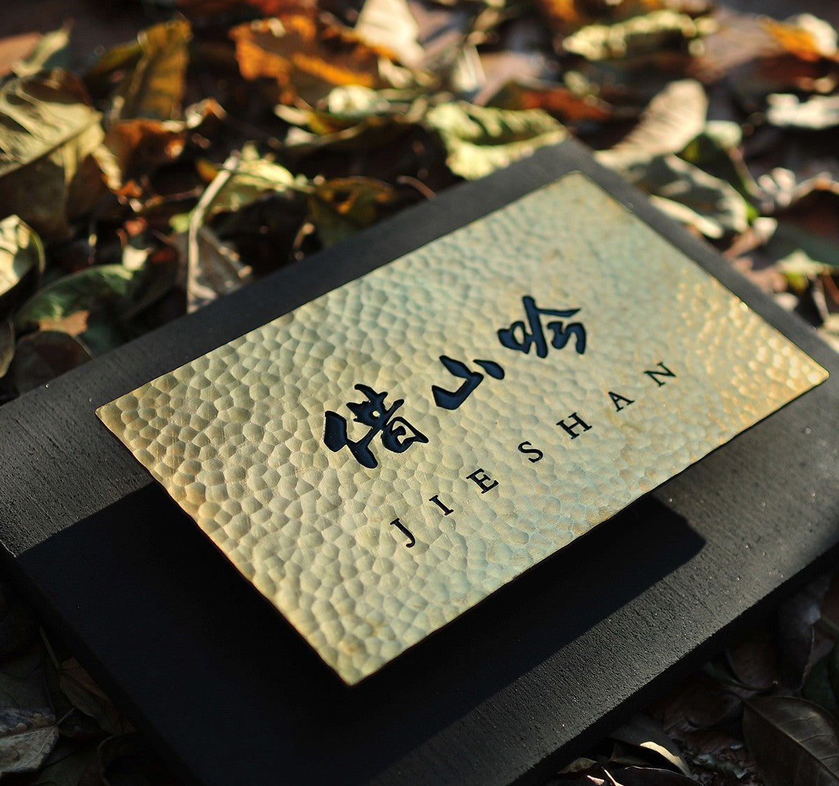 Rustic Luxe Etched Brass Plaque with Hammered Texture on Dark Base.